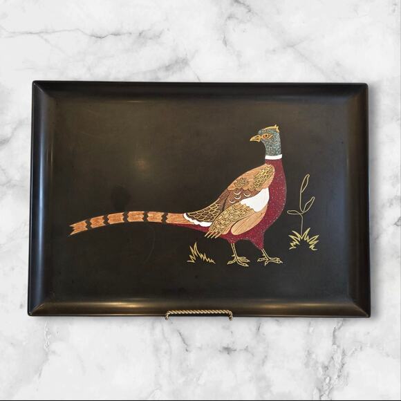 Vintage Couroc Tray Pheasant Bird Inlaid Mixed Media 18" X 12½" X 1" MCM GUC - Picture 1 of 12